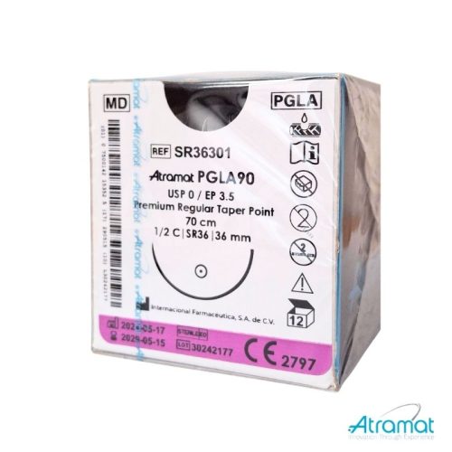 PGLA90 VIOLETA USP 0, 70 CM AGUJA SR-36 AHUSADA REGULAR PREMIUM 36 MM 1/2 CIRCULO