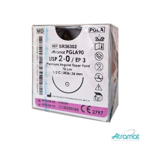 PGLA90 VIOLETA USP 2-0, 70 CM AGUJA SR-36 AHUSADA REGULAR PREMIUM 36 MM 1/2 CIRCULO
