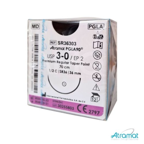 PGLA90 VIOLETA USP 3-0, 70 CM AGUJA SR-36 AHUSADA REGULAR PREMIUM 36 MM 1/2 CIRCULO