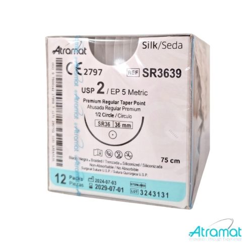 SEDA NEGRA USP 2, 75 CM AGUJA SR-36 AHUSADA REGULAR PREMIUM 36 MM 1/2 CIRCULO