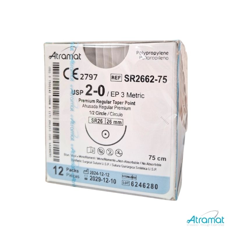 POLIPROPILENO AZUL USP 2-0, 75 CM AGUJA SR-26 AHUSADA REGULAR PREMIUM 26 MM 1/2 CIRCULO